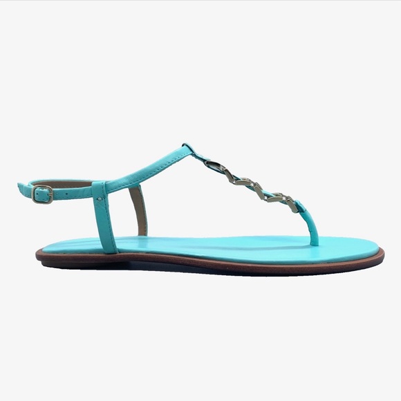 Banana Republic Mariah T-strap Sandal Flat Blue Leather Gold Chain Womens 8 - Picture 15 of 15